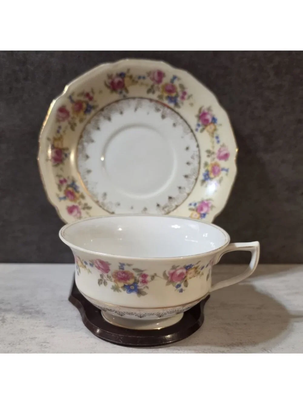 Vtg Gold Castle Hostess 1940s Teacup & Footed Saucer - Pink Rose Gilt - Japan